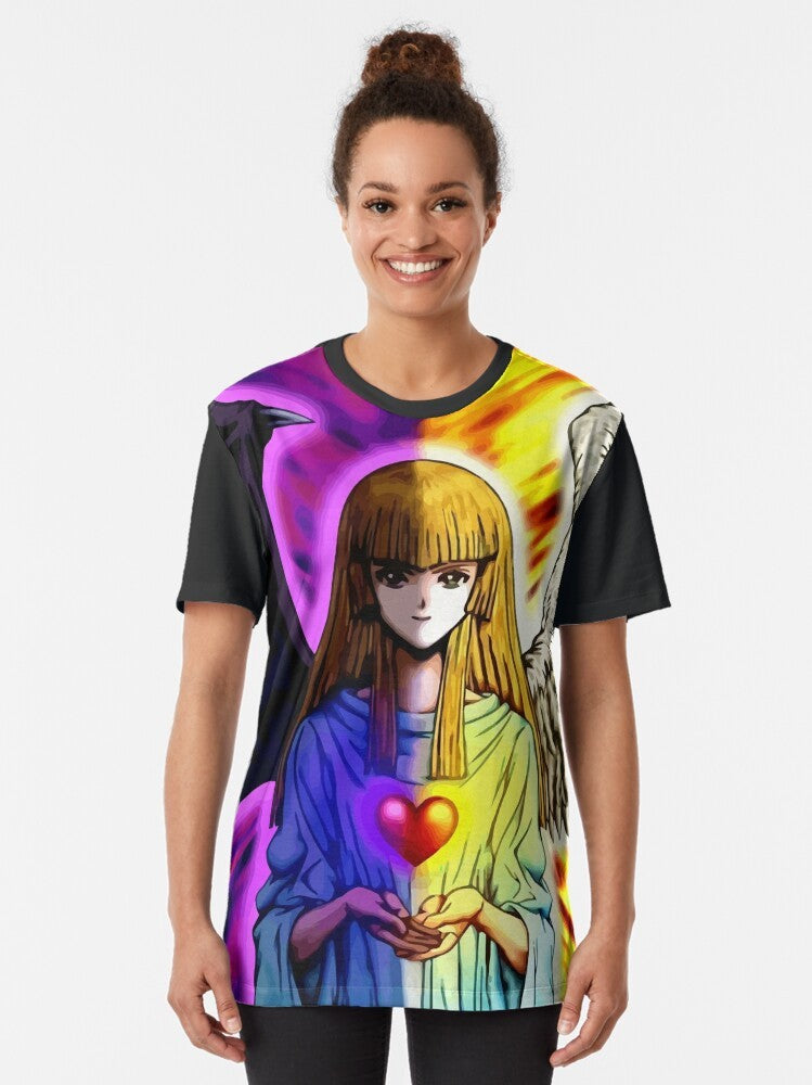 Yu-Gi-Oh! inspired 'Change of Heart' graphic t-shirt featuring blue eyes white dragon and other iconic characters and symbols. - Women