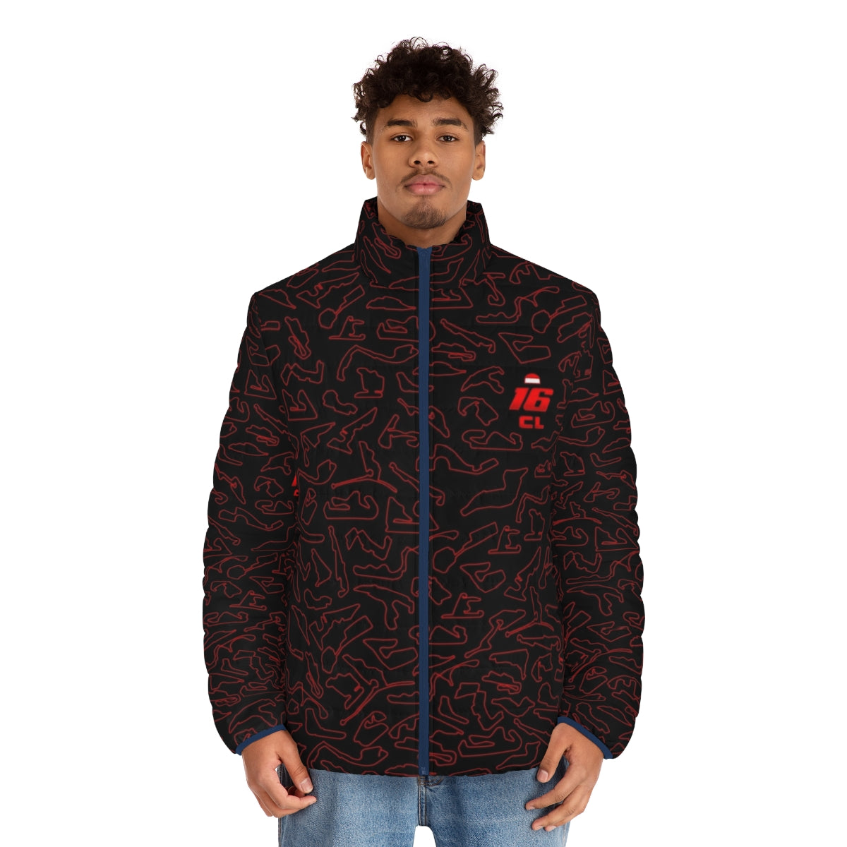 Charles Leclerc Formula 1 driver wearing a red and black puffer jacket with a racing-inspired pattern design - men front