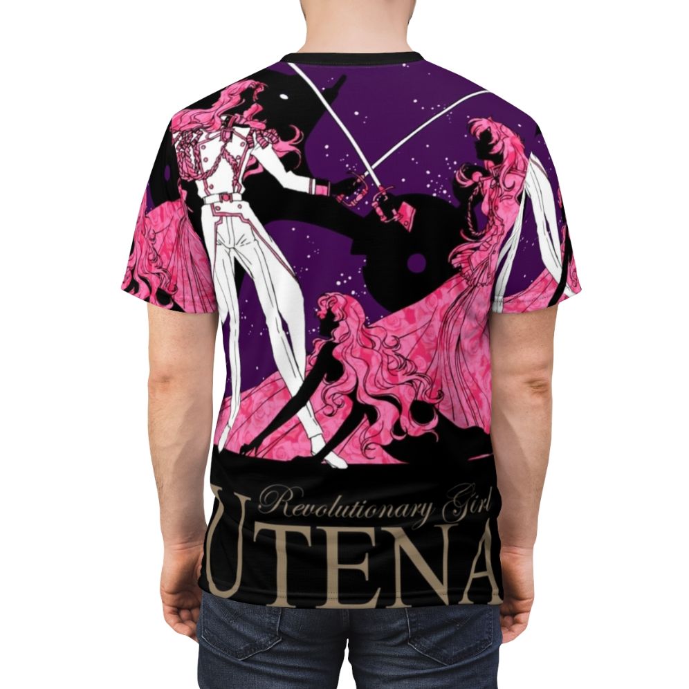 Anime-inspired t-shirt with Revolutionary Girl Utena imagery, including Utena's sword and the iconic pink color scheme. - men back