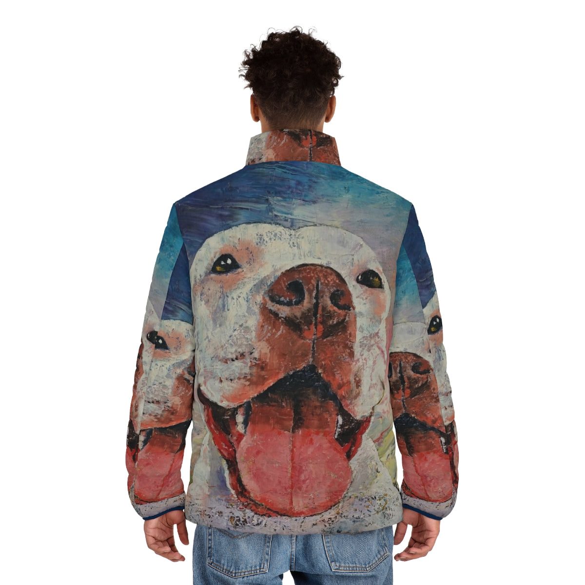 Pitbull puffer jacket for dogs in a dramatic cloudy sky setting - men back