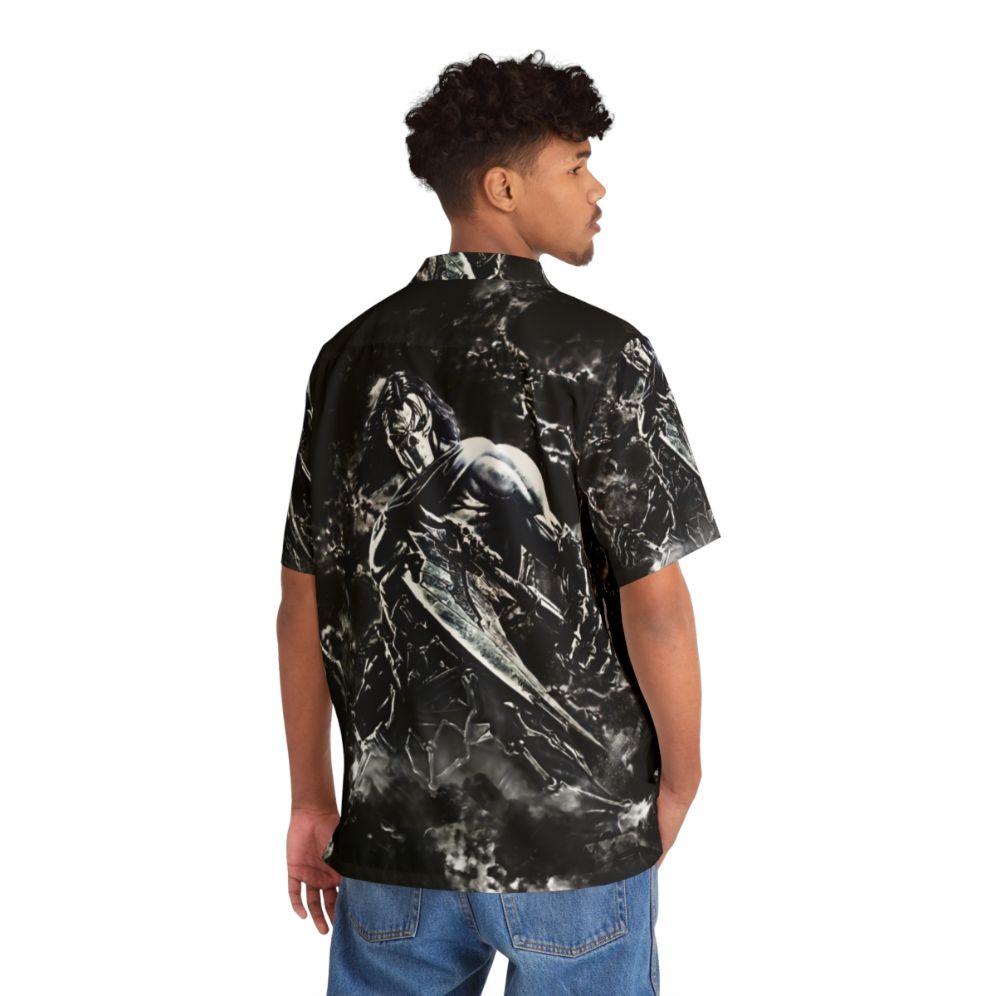 Apocalypse Hawaiian Shirt with Dark Souls and Goth Gaming Motifs - Flat lay