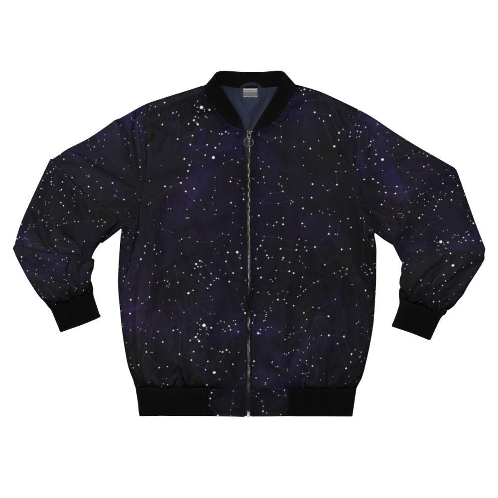 Bomber jacket featuring a design of constellations and stars in the night sky