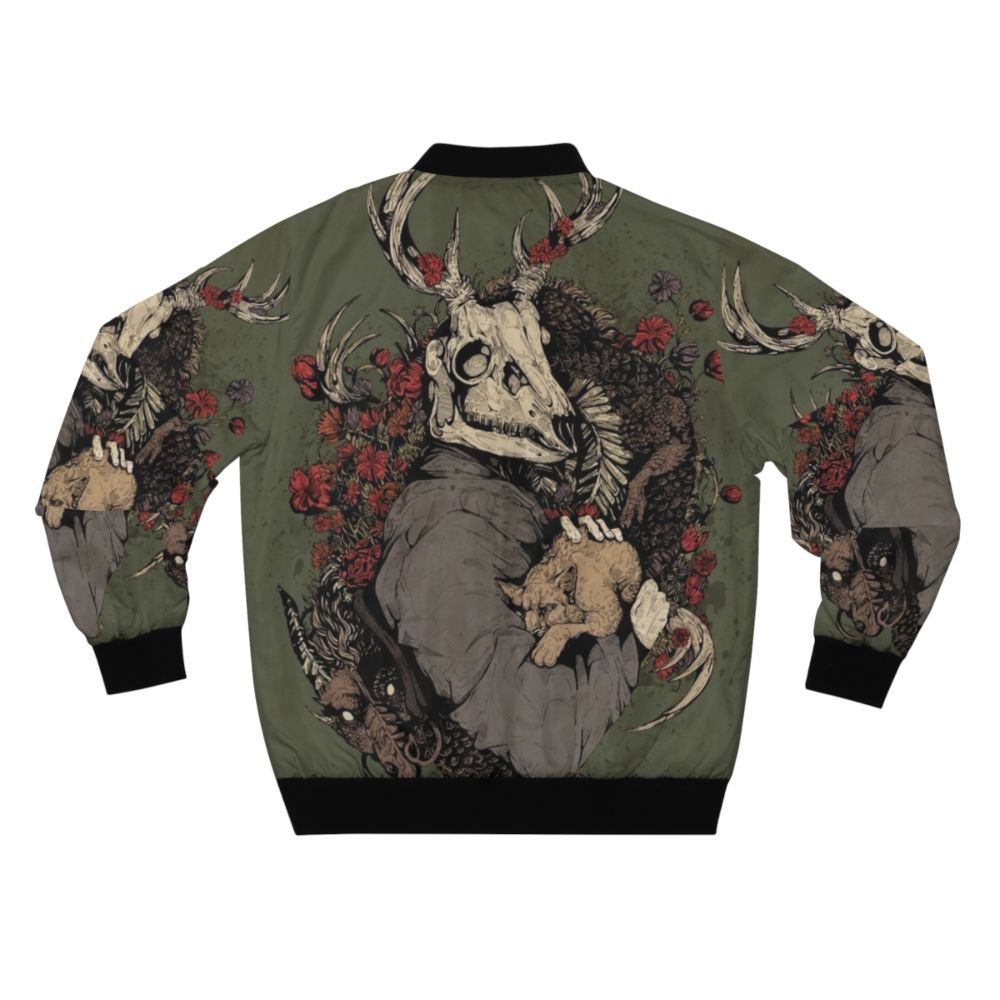 A bomber jacket featuring a stunning dragon tattoo design with traditional elements including deer, stag, skull, and cat. - Back