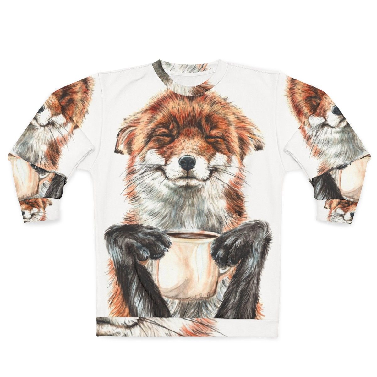 Cute Morning Fox Drinking Coffee Illustration on Sweatshirt