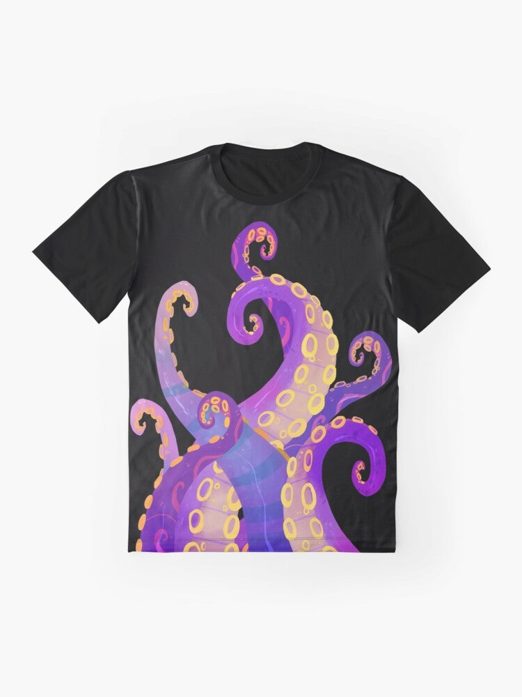 Stylish tentacles graphic t-shirt featuring an octopus or squid design in purple tones - Flat lay