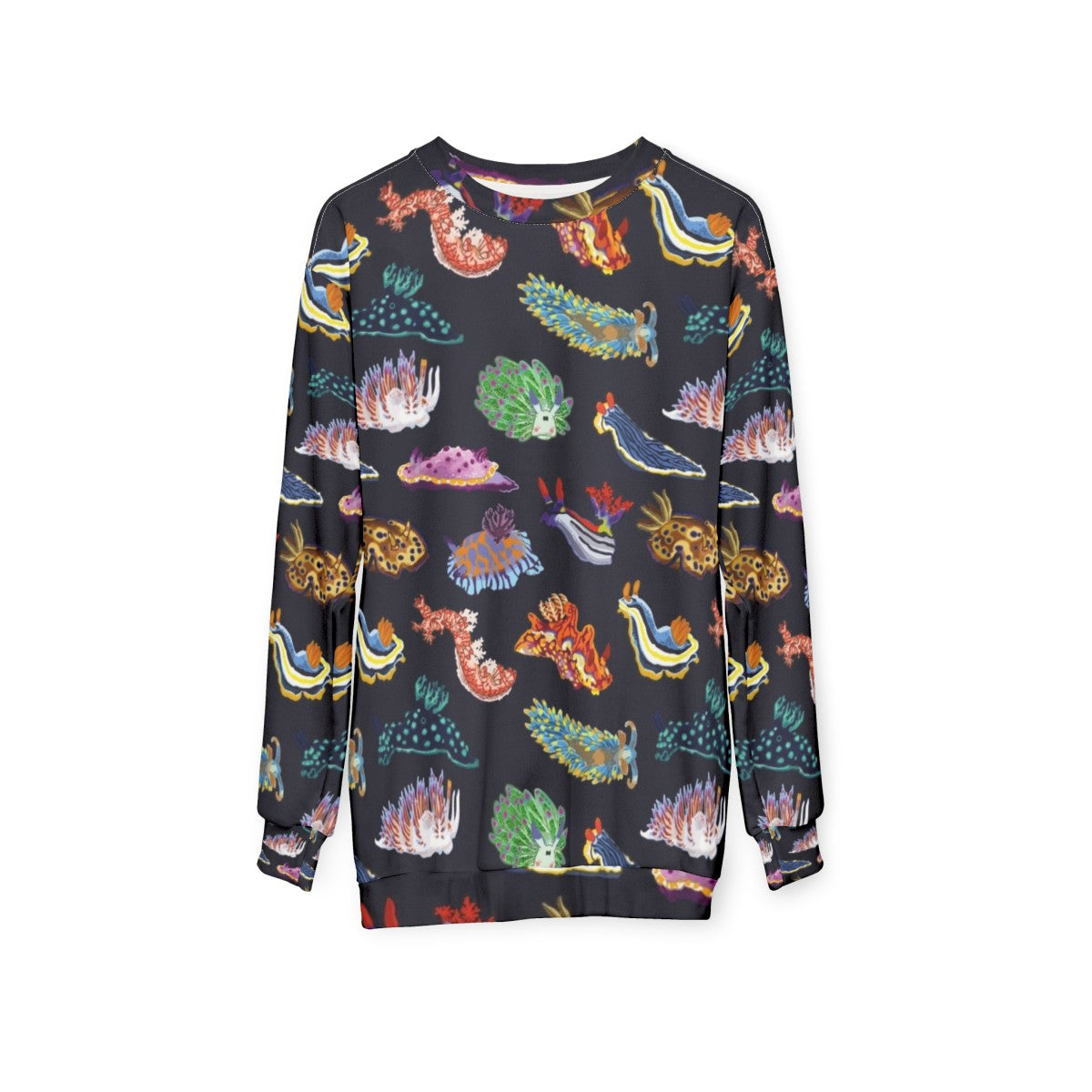 Colorful sea slug or nudibranch design on a sweatshirt - hanging