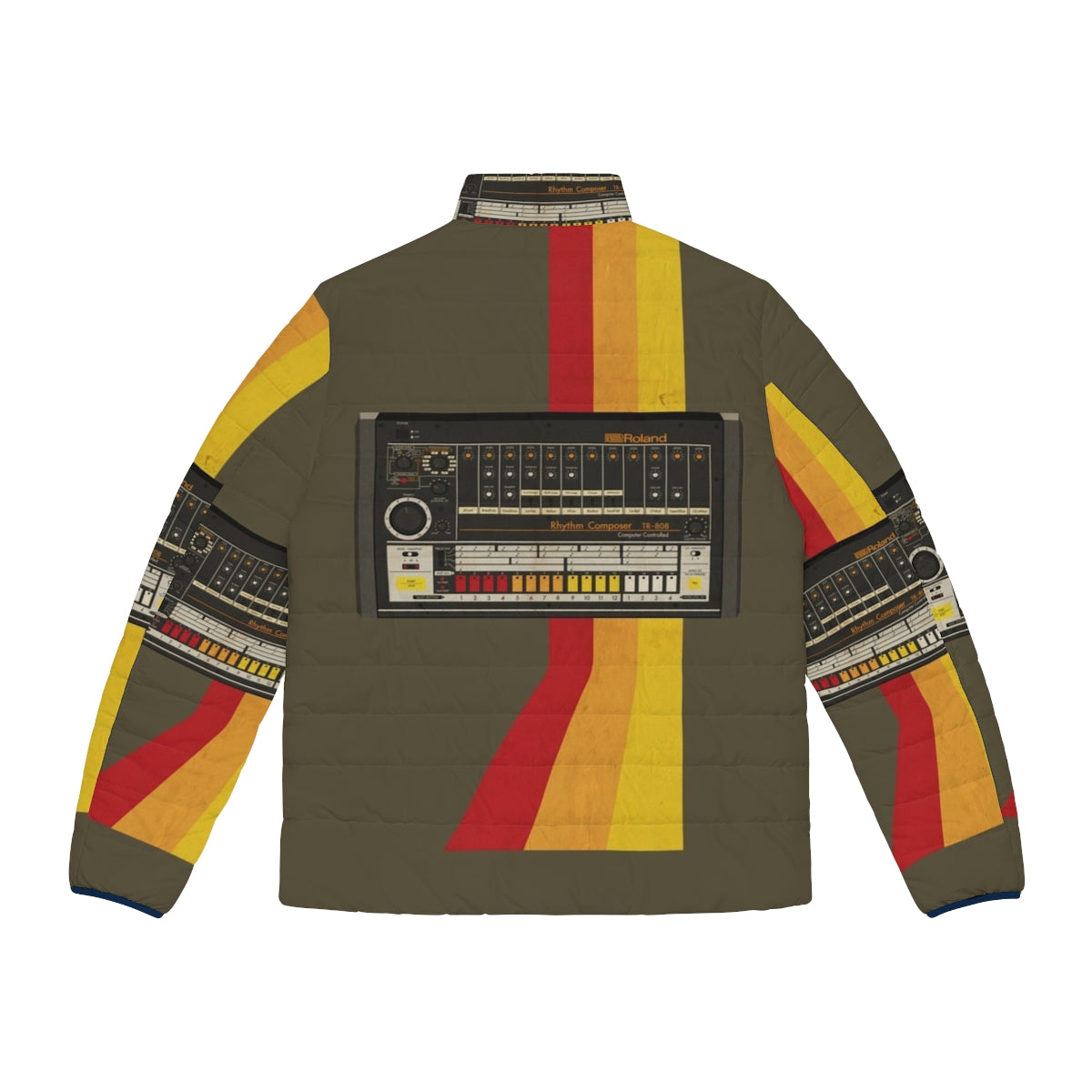 Retro 808 puffer jacket with synthesizer and drum machine design - Back