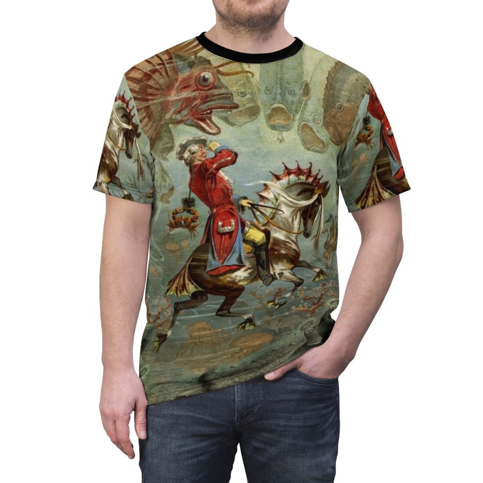 Whimsical vintage-style t-shirt featuring a sea horse design - men front