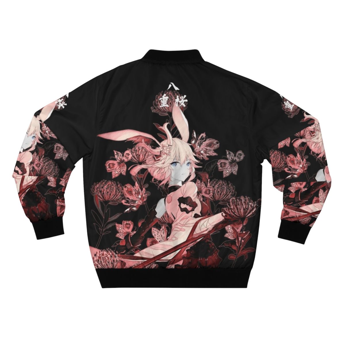 Yae Sakura inspired samurai bomber jacket with higanbana flowers and Japanese hieroglyphs - Back