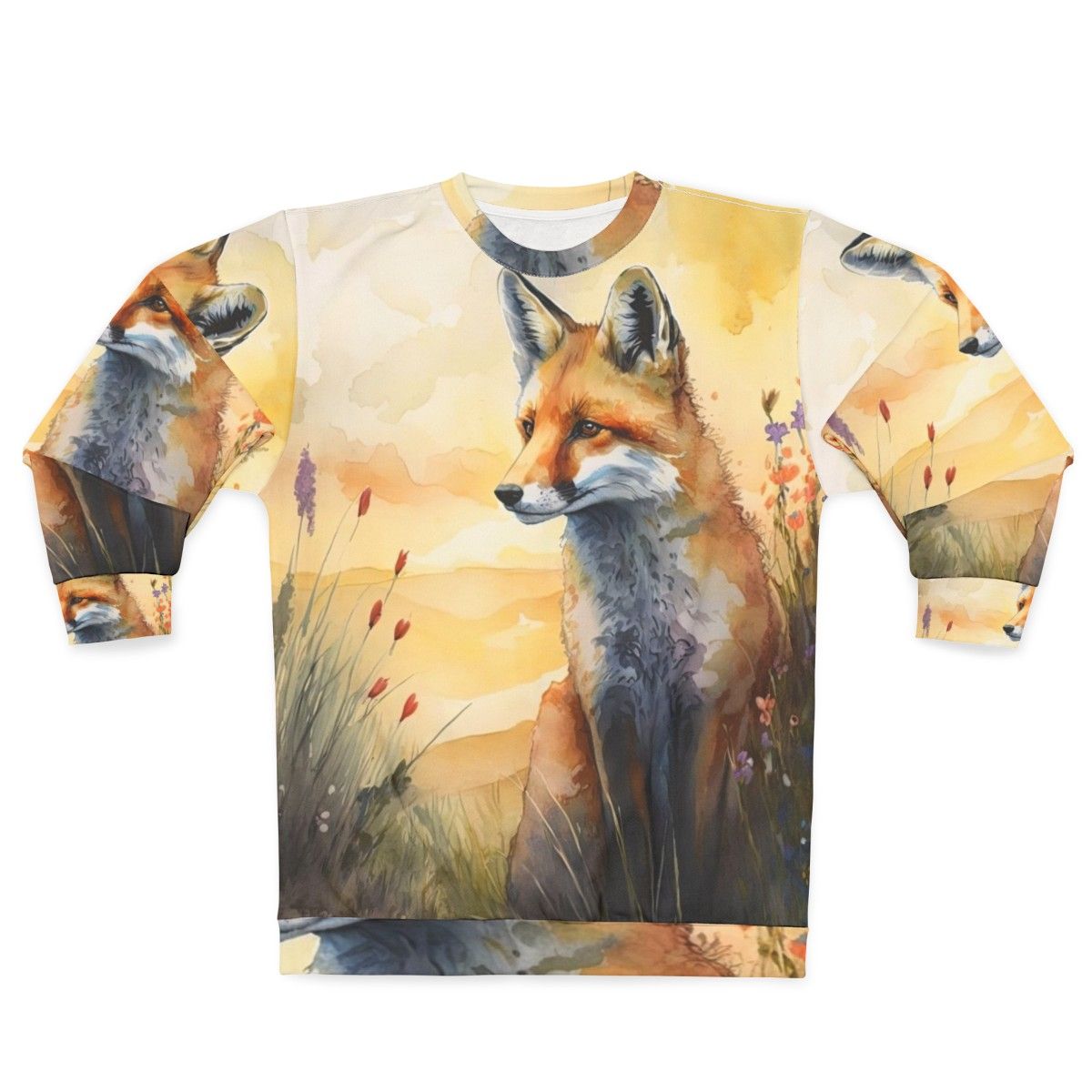 Charming red fox sweatshirt featuring a watercolor illustration of a red fox cub in a spring woodland setting