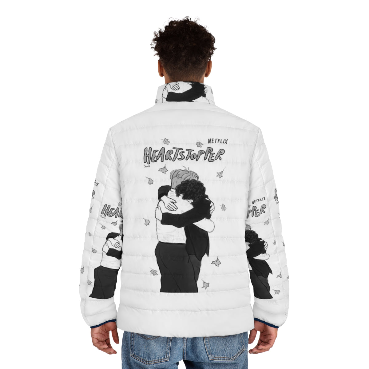 Heartstopper Nick and Charlie Hug Puffer Jacket featuring the iconic couple from the Netflix series - men back