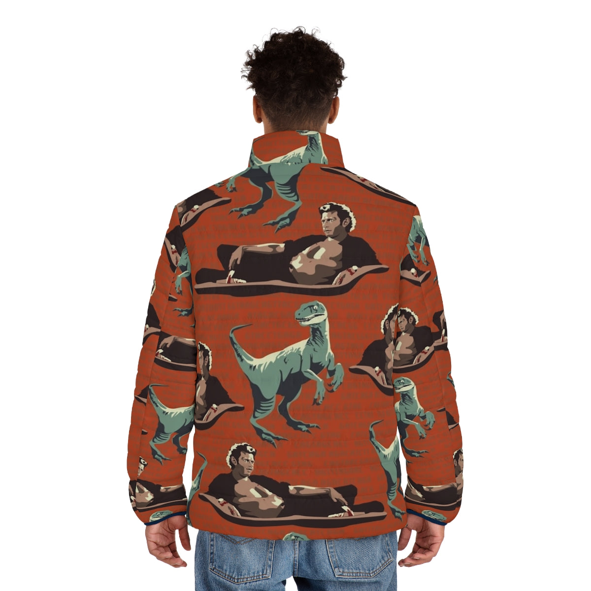 Jurassic Geniuses Puffer Jacket featuring a dinosaur DNA sequence pattern - men back