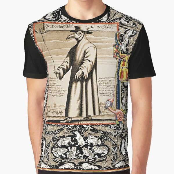 Plague doctor graphic t-shirt with medieval, gothic, and horror design elements