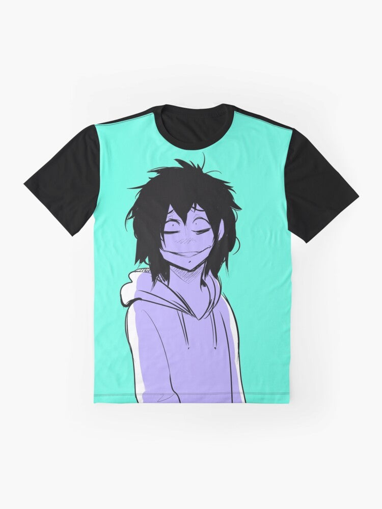 Model wearing a black t-shirt with a graphic design of "Jeff the Killer" from the creepypasta horror story. - Flat lay