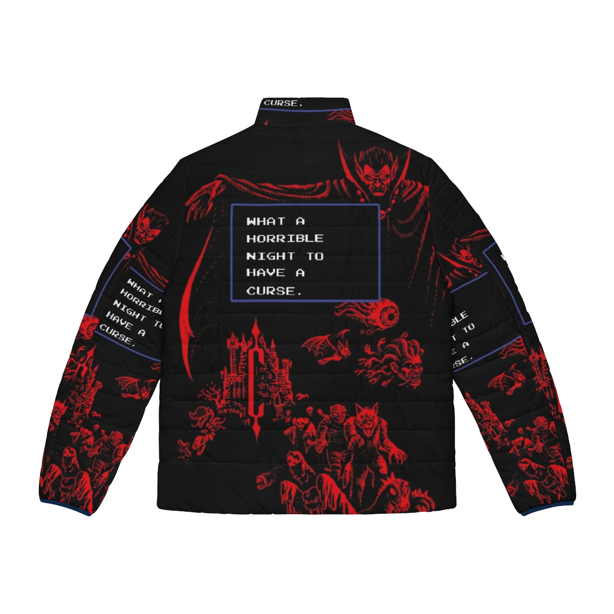 A puffer jacket with a gothic, Castlevania-inspired design featuring Dracula and other iconic horror elements. - Back