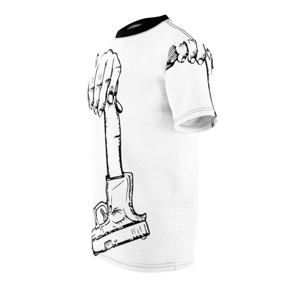 Stylish t-shirt with a trap and drill inspired design featuring an extended clip or magazine - men left