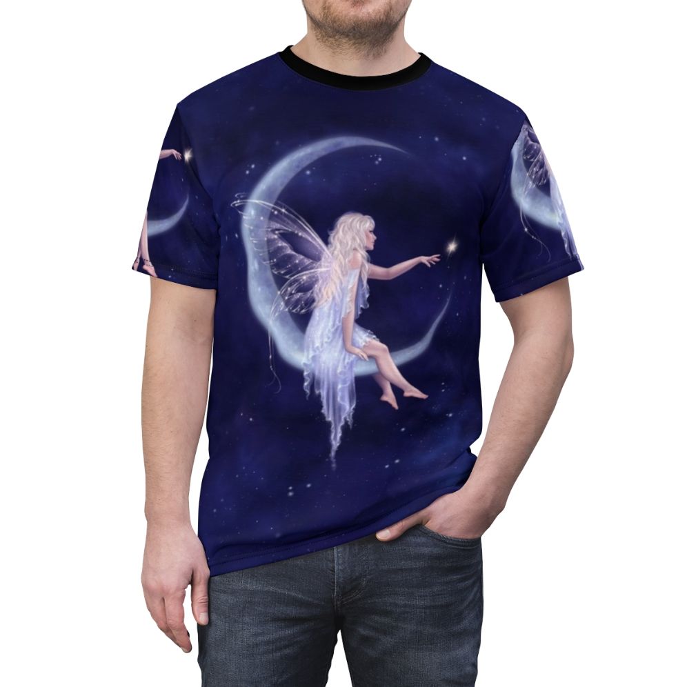 Whimsical fairy figure floating in a starry night sky featuring a crescent moon - men front