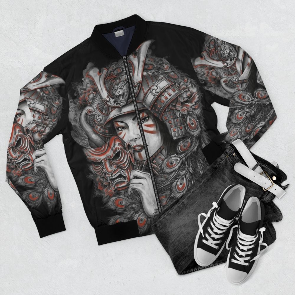 Samurai-inspired bomber jacket with colorful peacock and Japanese design elements - Flat lay