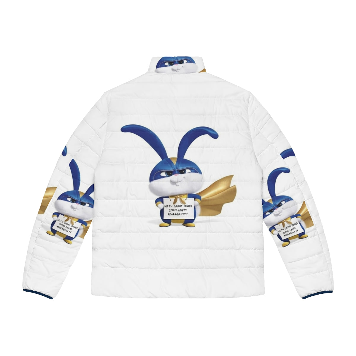 A white puffer jacket with a cute rabbit mascot design - Back