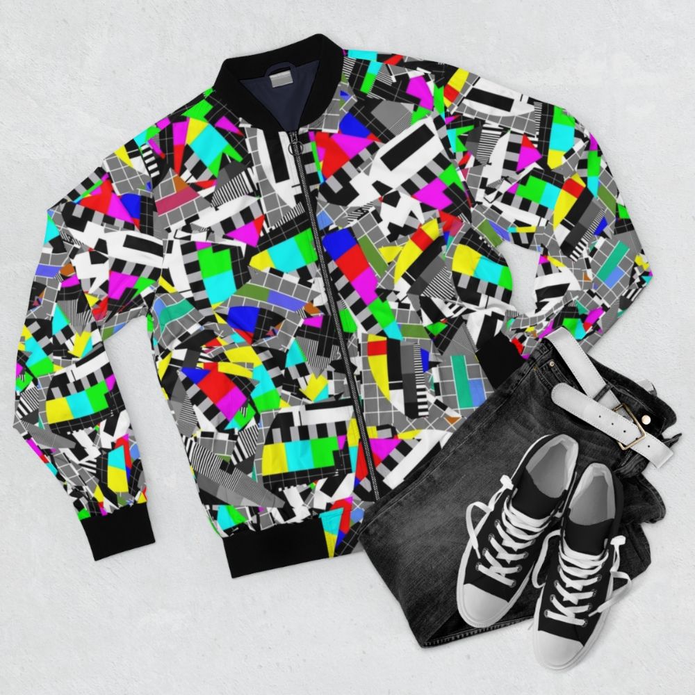 TV test image abstract bomber jacket with colorful geometric patterns - Flat lay