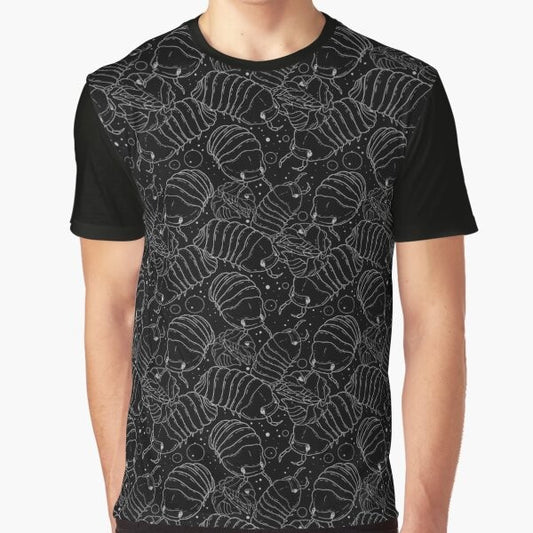 Monochrome Isopods 2 Graphic T-Shirt featuring a minimalist linework design of isopods, also known as pillbugs or woodlice.