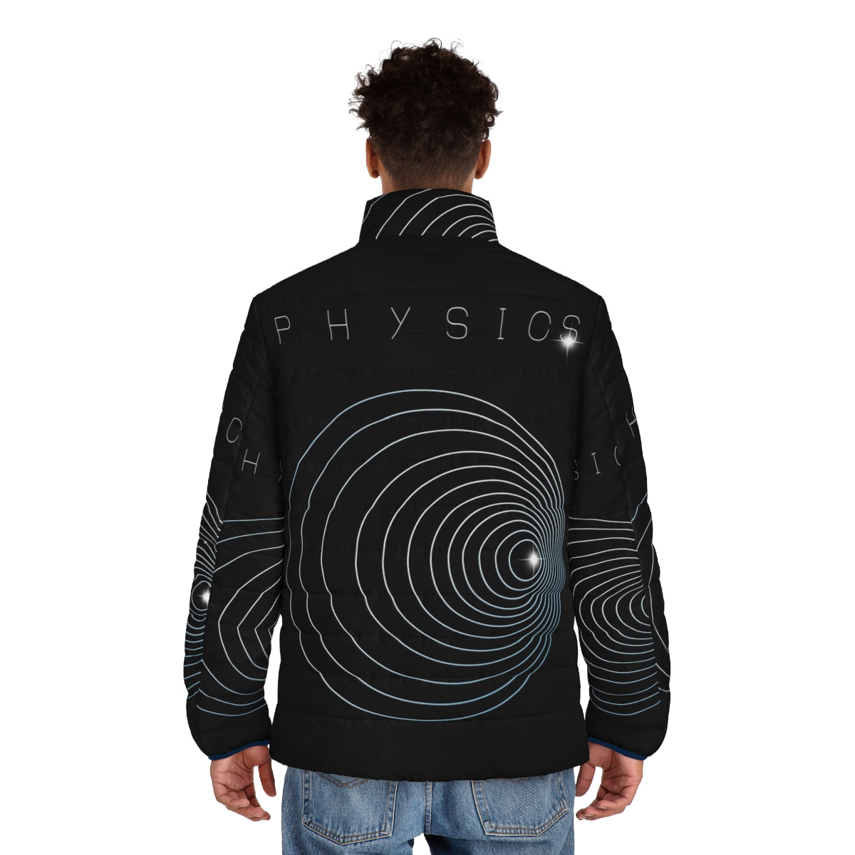 Puffer jacket with physics doppler effect graphic design - men back