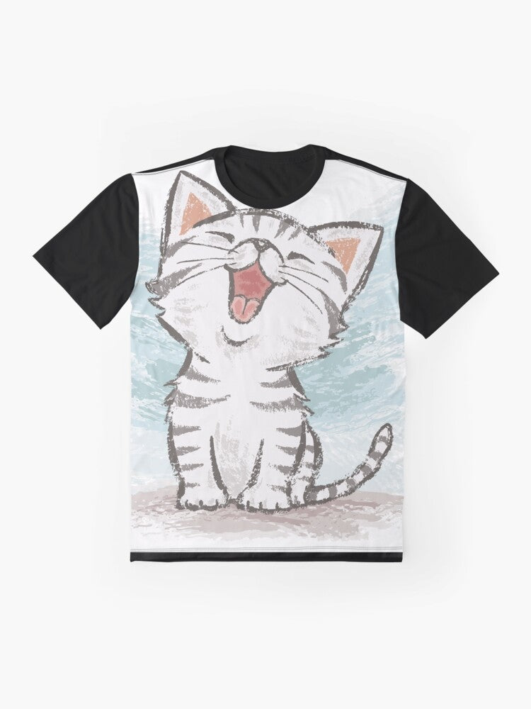 Adorable cartoon illustration of a happy, smiling American Shorthair cat on a graphic t-shirt design. - Flat lay