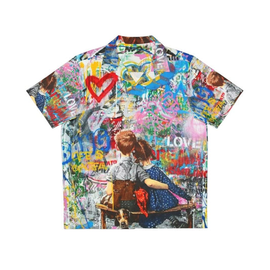 Colorful Hawaiian shirt featuring a pop art collage of urban style elements