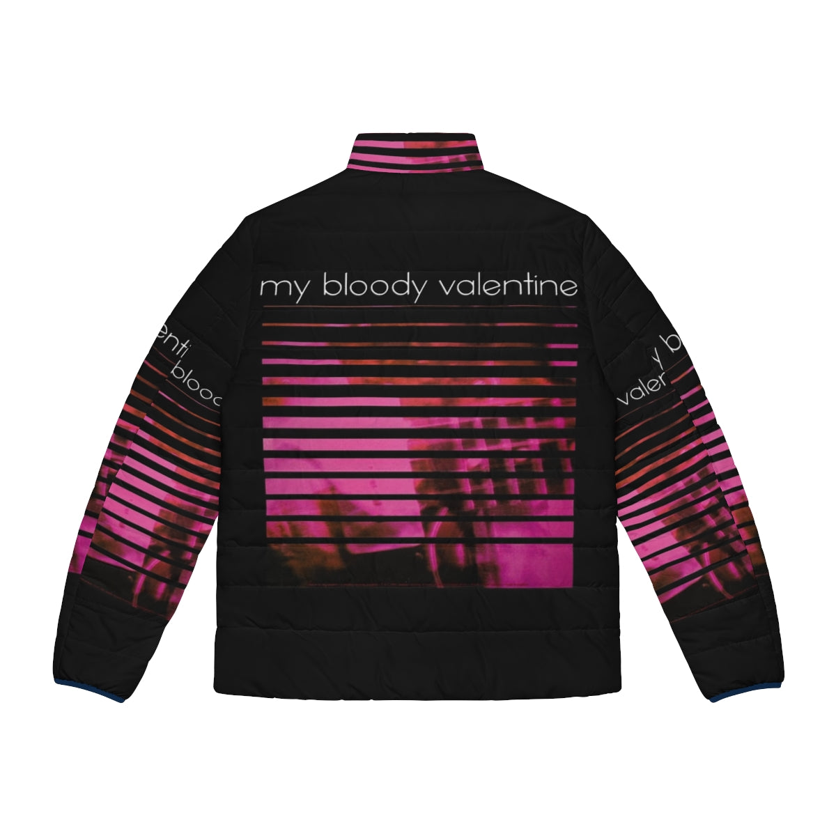 My Bloody Valentine 'Loveless' inspired puffer jacket with shoegaze and indie music themes - Back