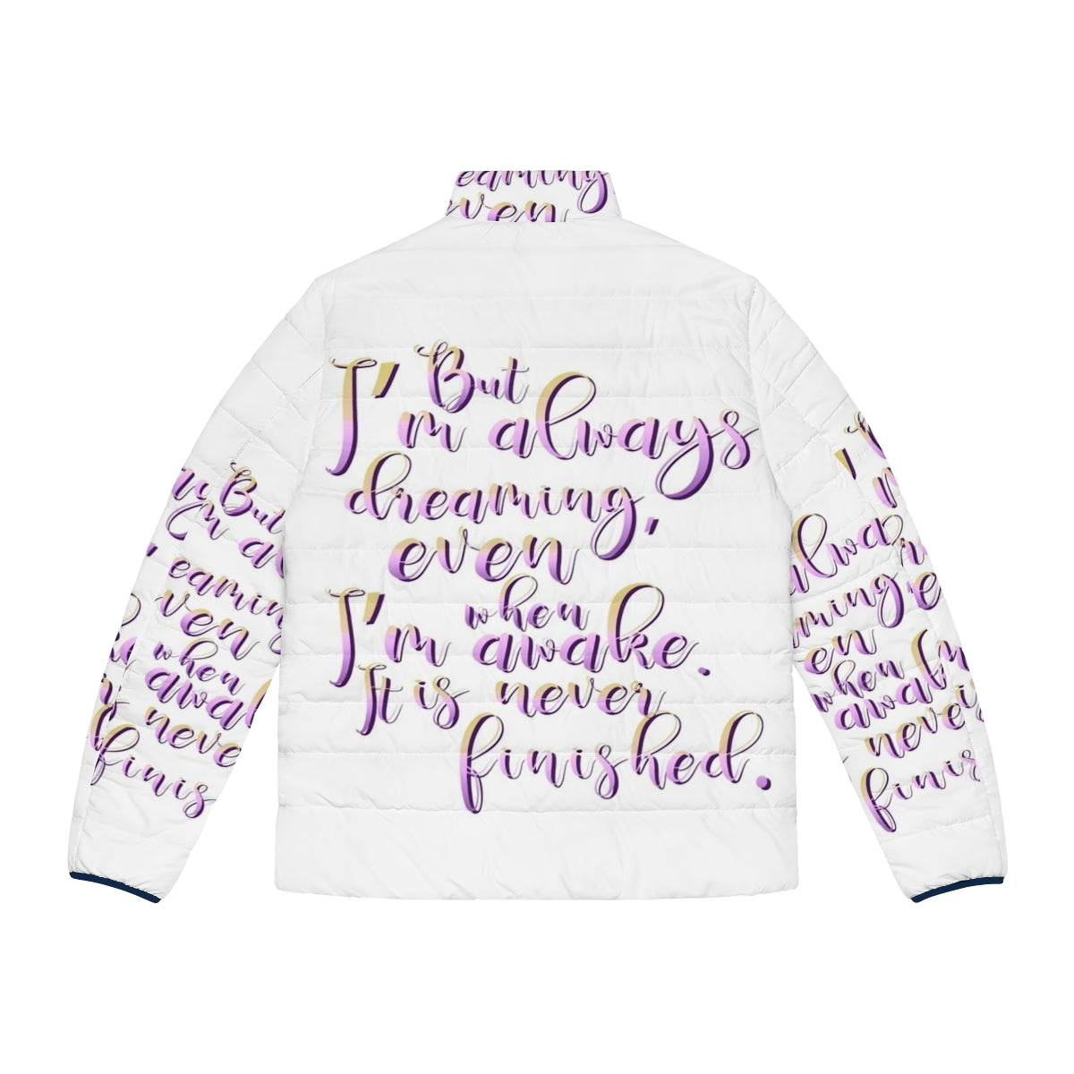 The Last Unicorn Quote Puffer Jacket featuring a whimsical unicorn design - Back