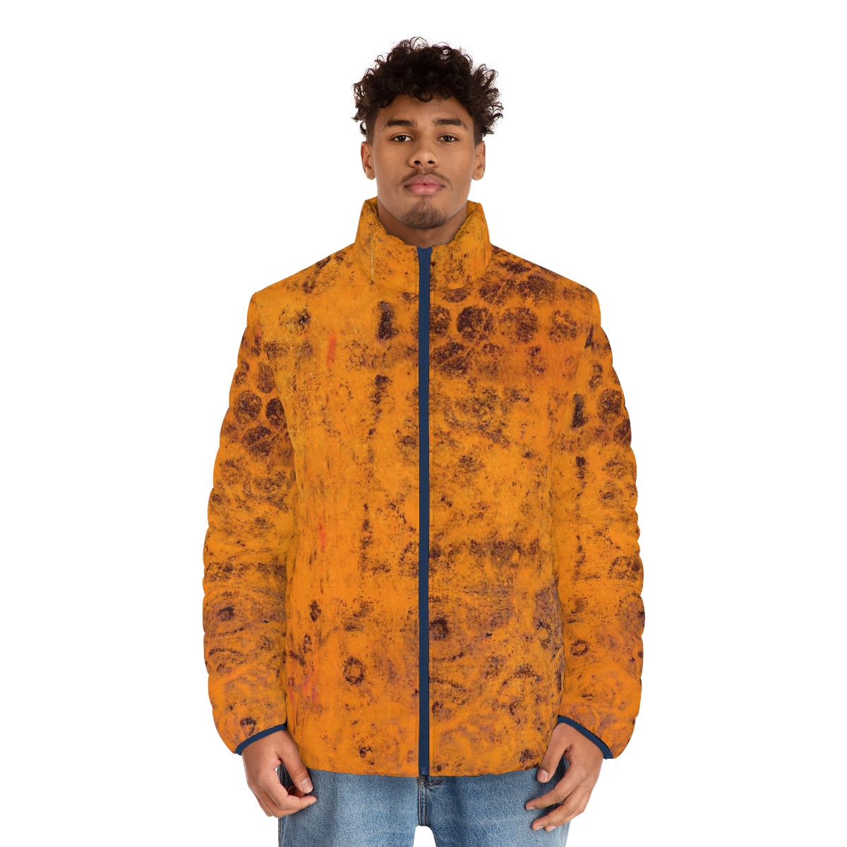 Colorful autumn foliage puffer jacket with abstract, hand-painted design - men front