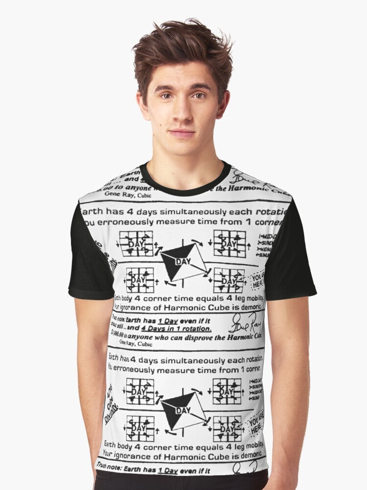 A graphic t-shirt design featuring the "Time Cube" concept, a quirky conspiracy theory troll meme. - Men