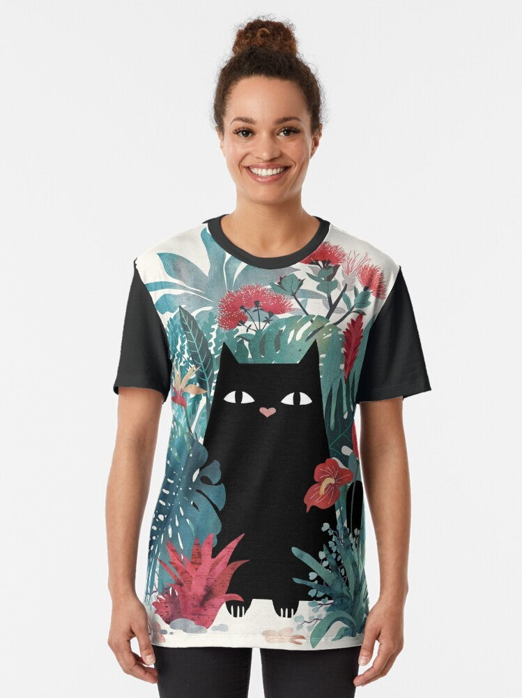 Tropical black cat graphic t-shirt with floral and tropical elements - Women