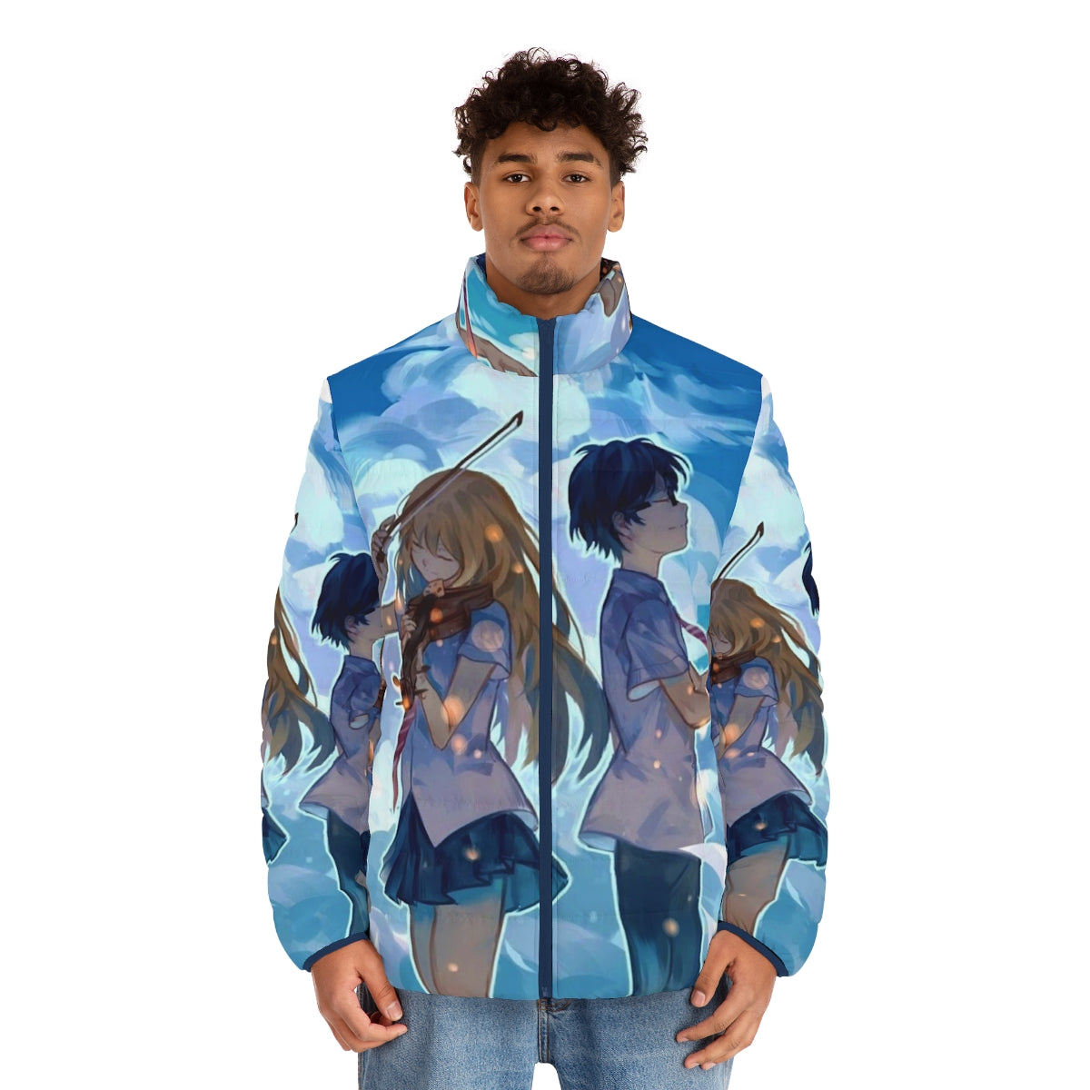 Your Lie in April inspired puffer jacket with anime characters Kousei and Kaori - men front