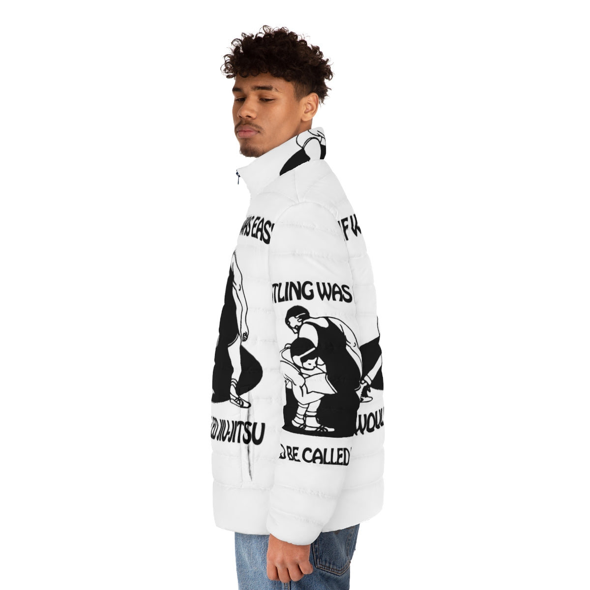 Jiu Jitsu Puffer Jacket with "If Wrestling Was Easy" Graphic Design - men side left