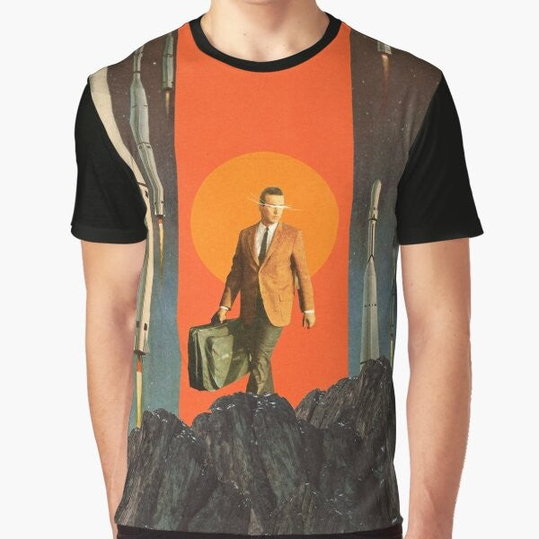 Vintage retro graphic t-shirt featuring a digital collage design with surreal, retrofuture elements of space, mountains, and abstract shapes.