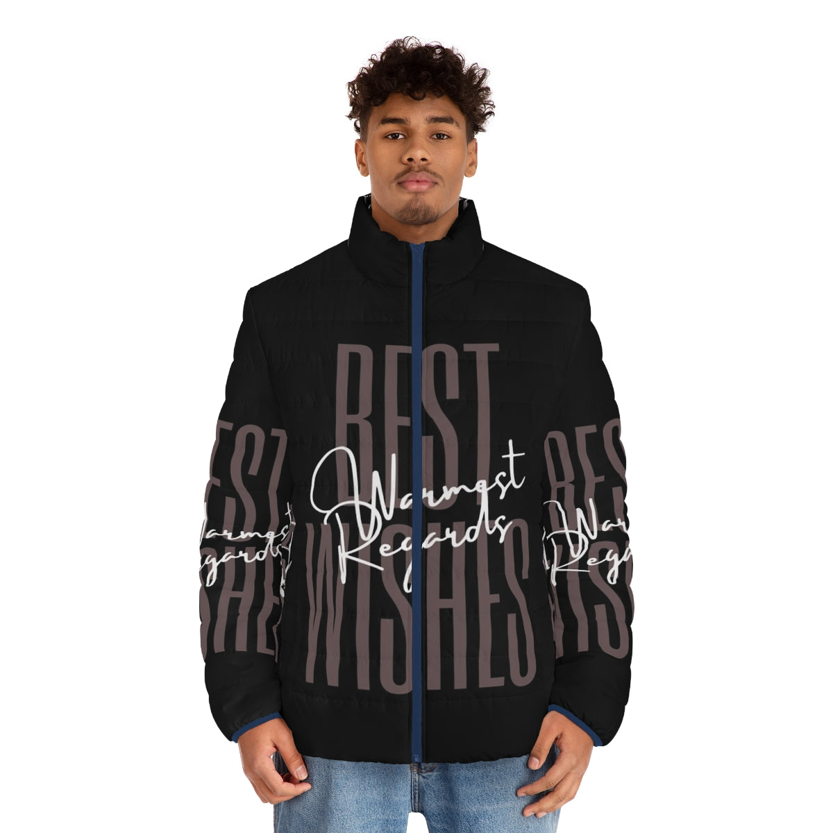 Schitt's Creek inspired "Best Wishes Warmest Regards" puffer jacket - men front