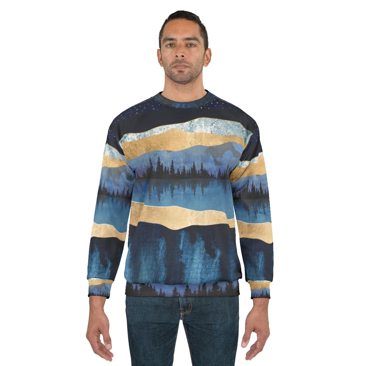 Midnight Lake Sweatshirt with nature landscape and celestial forest design - men