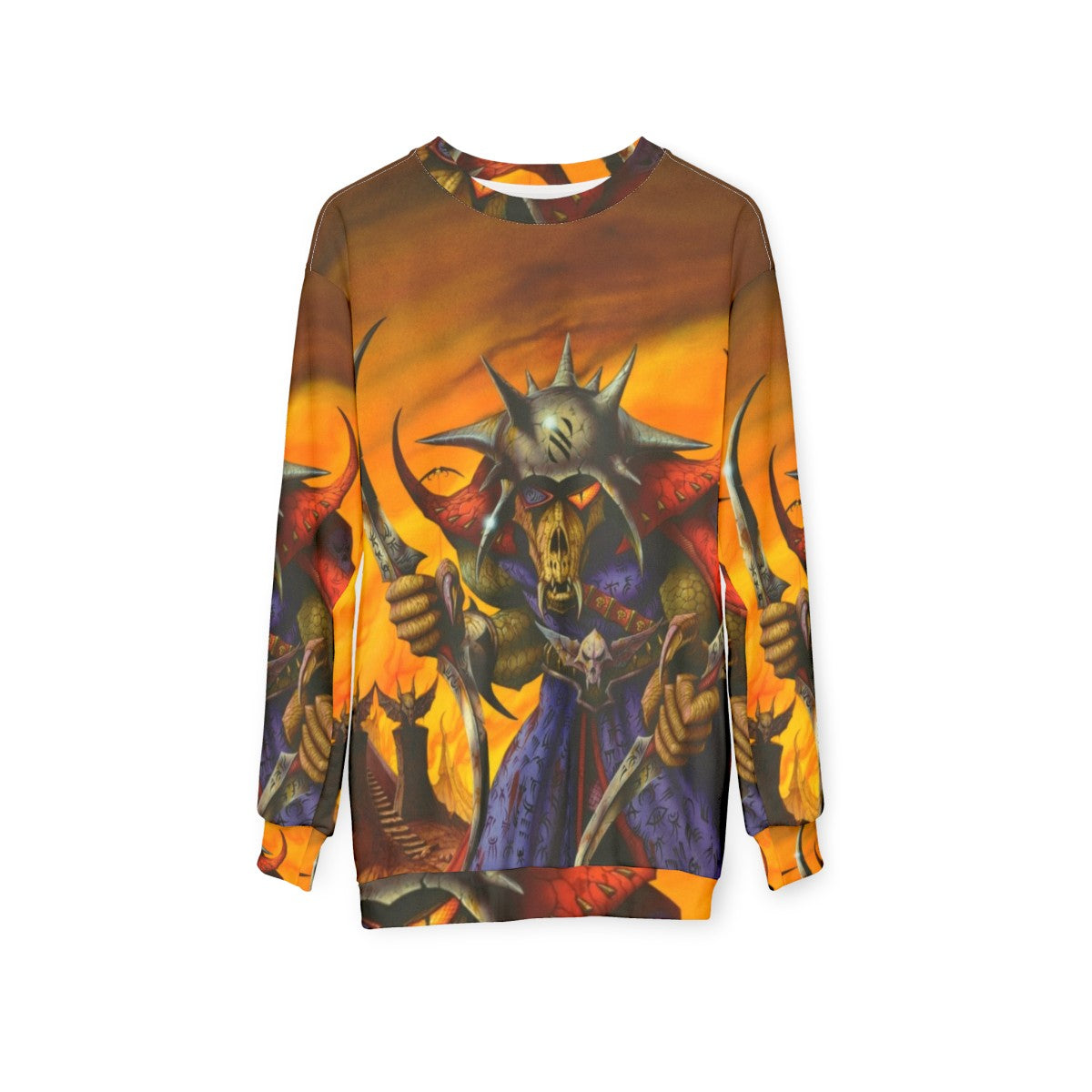 Heavy metal sweatshirt featuring a fiery, villainous fantasy design - hanging