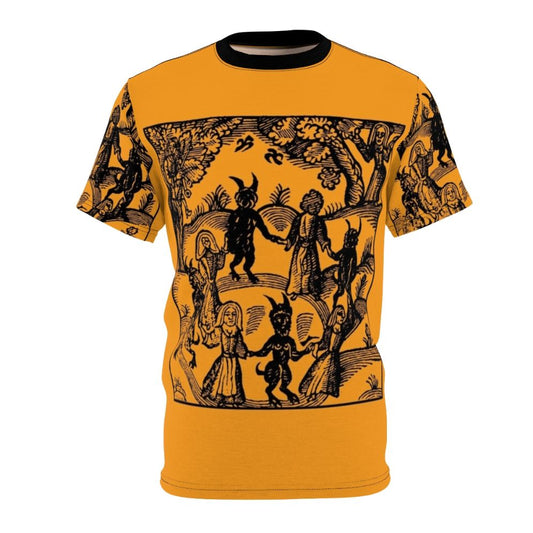 Vintage-style t-shirt with a black and white occult dance with the devil design