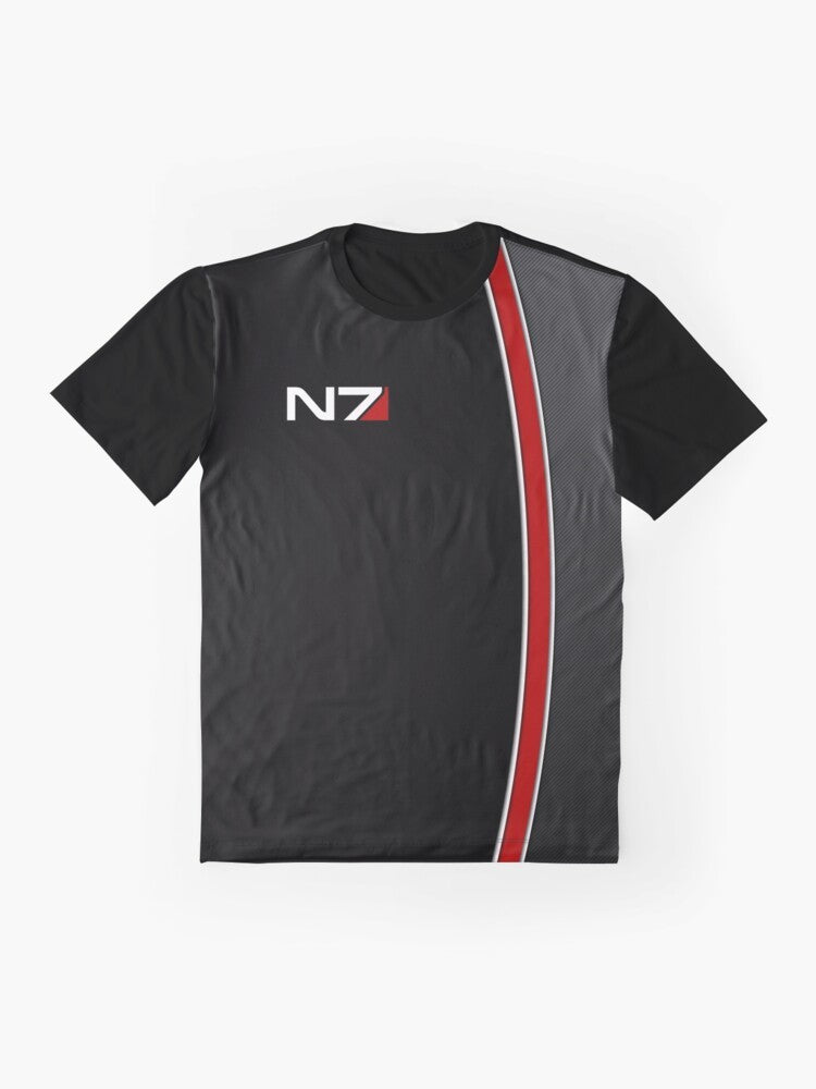 Mass Effect N7 Emblem Graphic T-Shirt featuring the iconic N7 logo and Commander Shepard from the Bioware game series - Flat lay