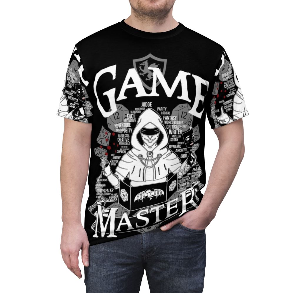 A white t-shirt with a custom game master themed graphic design. - men front