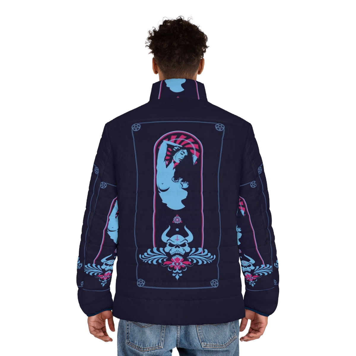 Satanic puffer jacket with occult and esoteric imagery - men back