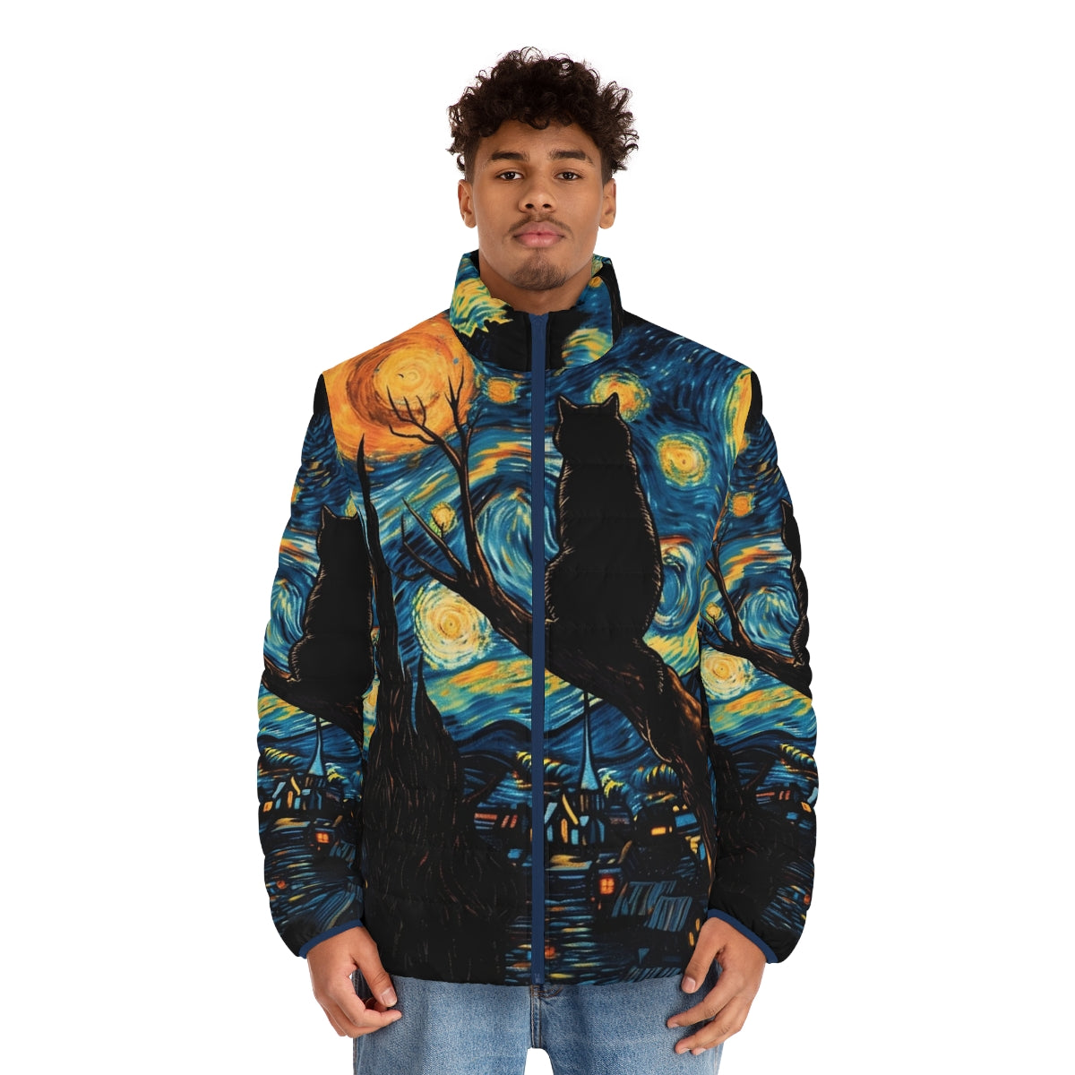 Vincent Van Gogh Starry Night inspired black cat puffer jacket - men front