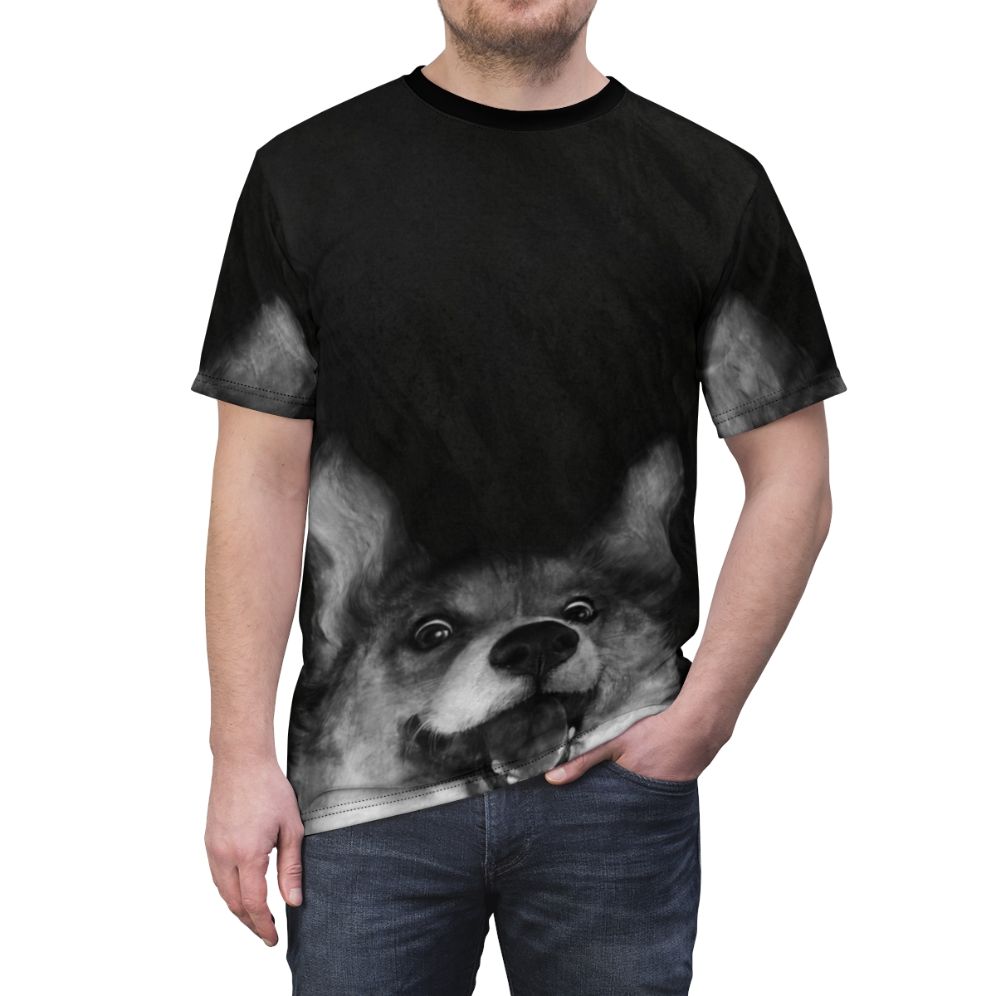 Cute illustration of a sausage-shaped corgi puppy on a t-shirt - men front