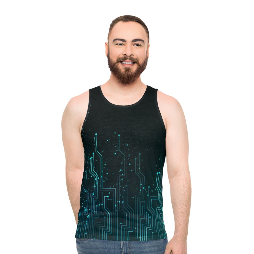 Unisex tank top with a vibrant circuit board pattern design - men