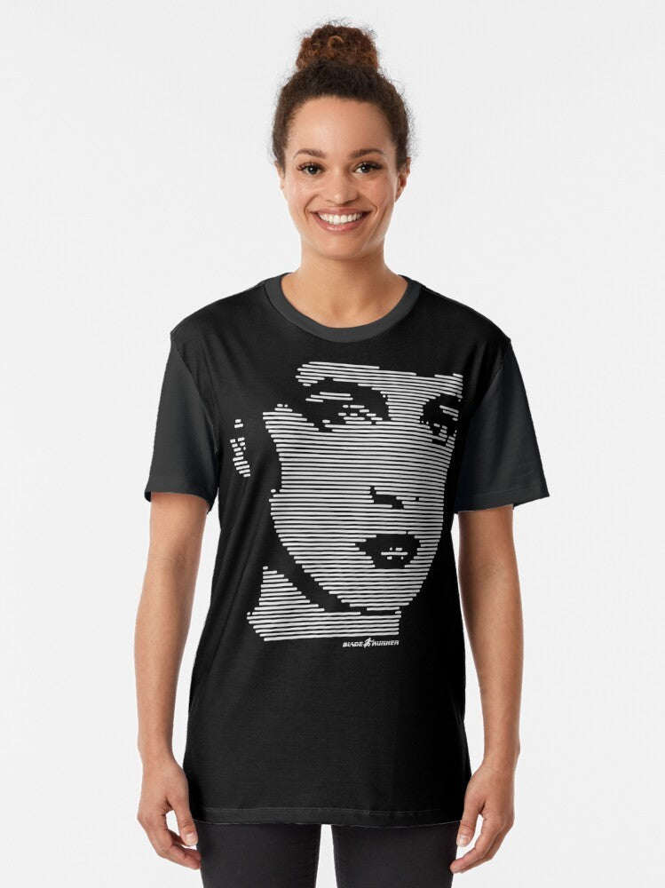 Retro Blade Runner sci-fi graphic t-shirt with pixel and line design - Women