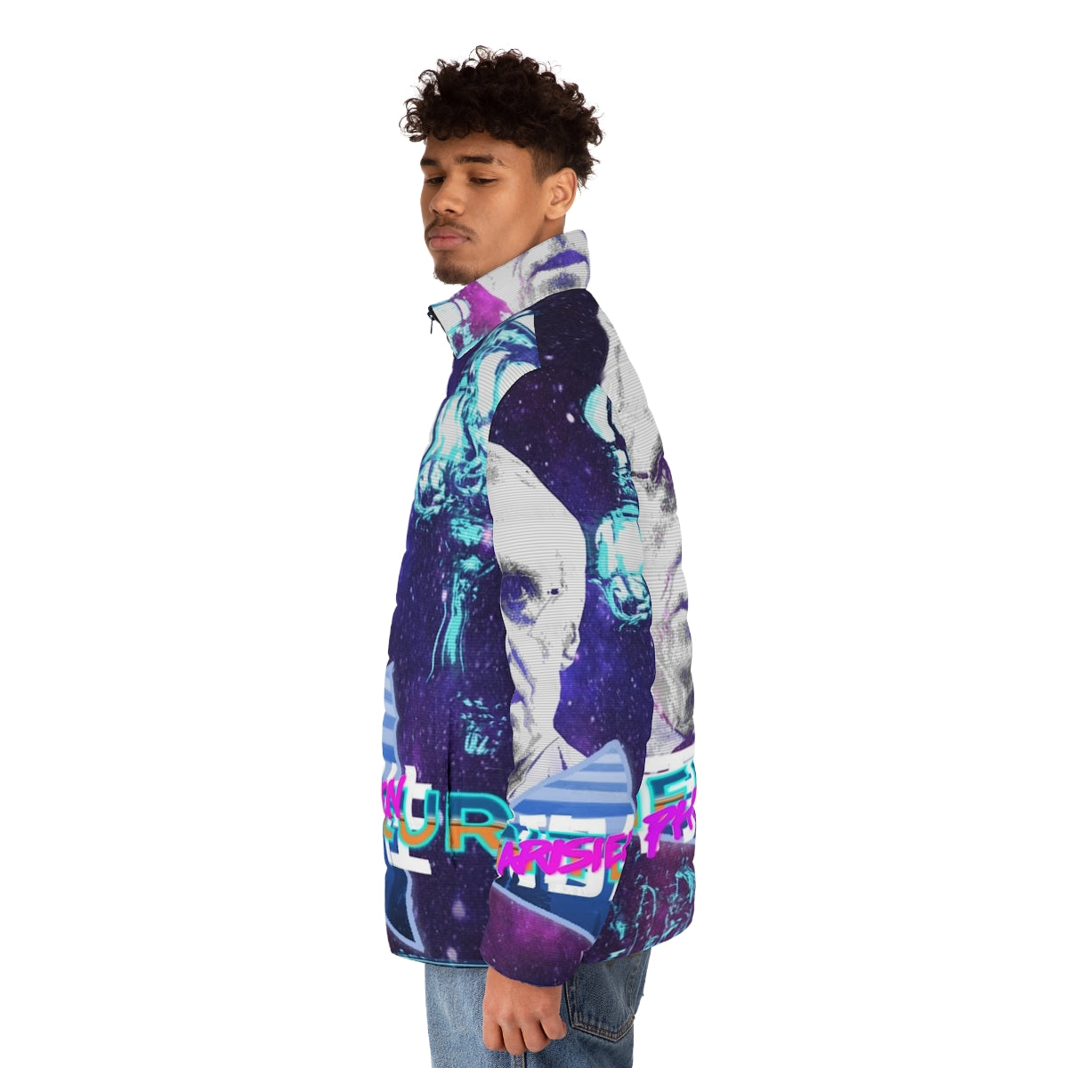 Vaporwave-inspired puffer jacket featuring the Henry De Lesquen design - men side left