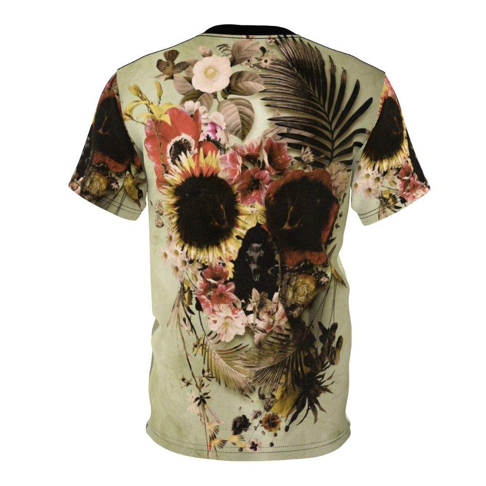 Artwork featuring a skull design with floral and nature elements, showcased on an all-over print t-shirt. - Back