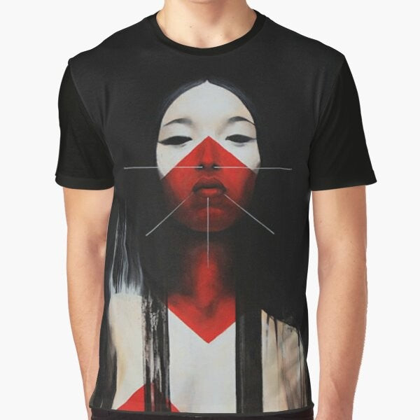 A striking black and red t-shirt featuring a captivating Japanese illustration with a cyberpunk, futuristic vibe.